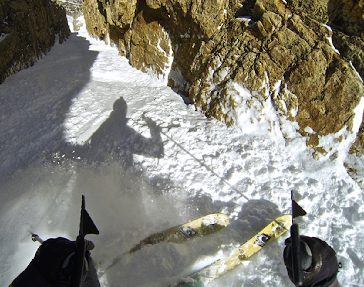 Skiing the ultra narrow Terminal Cancer couloir with Brody Leven
