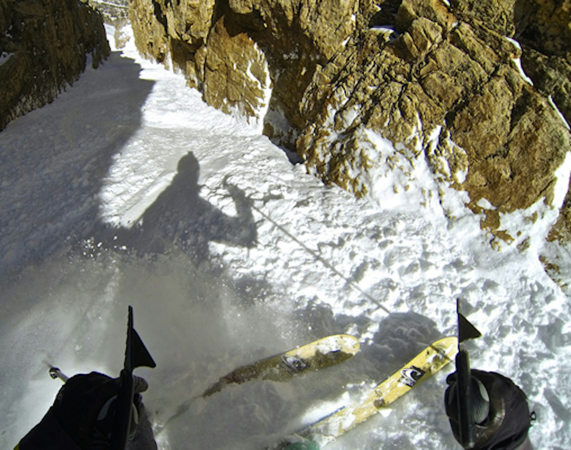 Skiing the ultra narrow Terminal Cancer couloir with Brody Leven