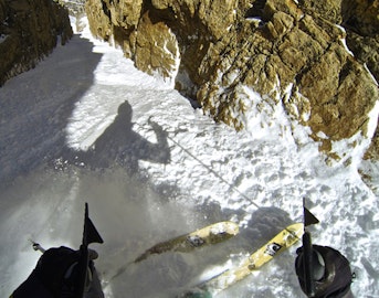 Skiing the ultra narrow Terminal Cancer couloir with Brody Leven