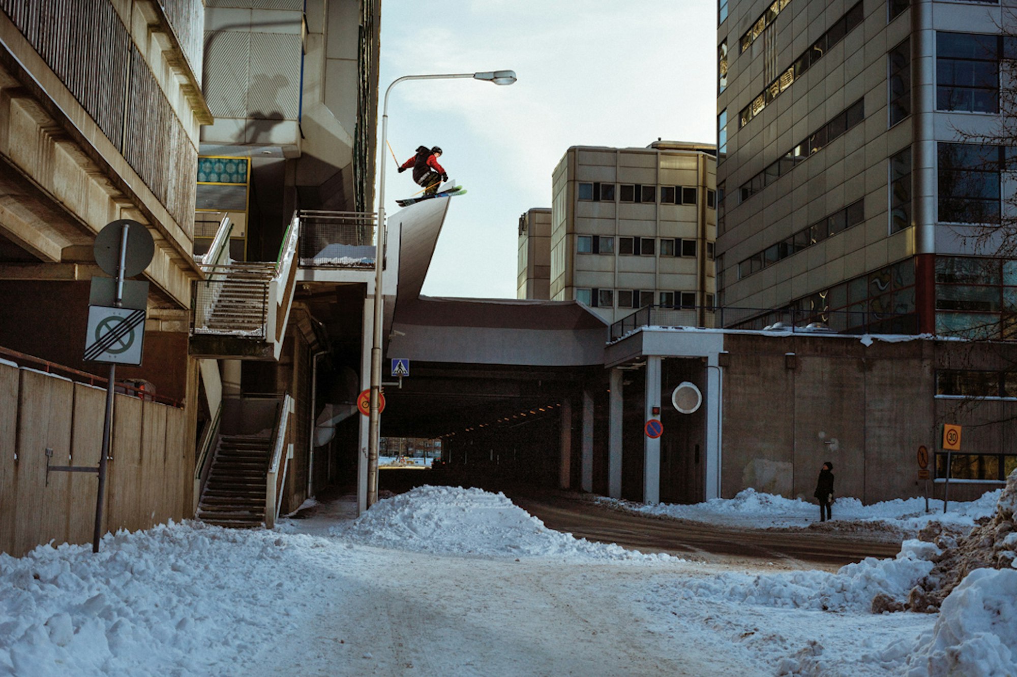 Tim McChesney skiing around Helsinki, Finland.