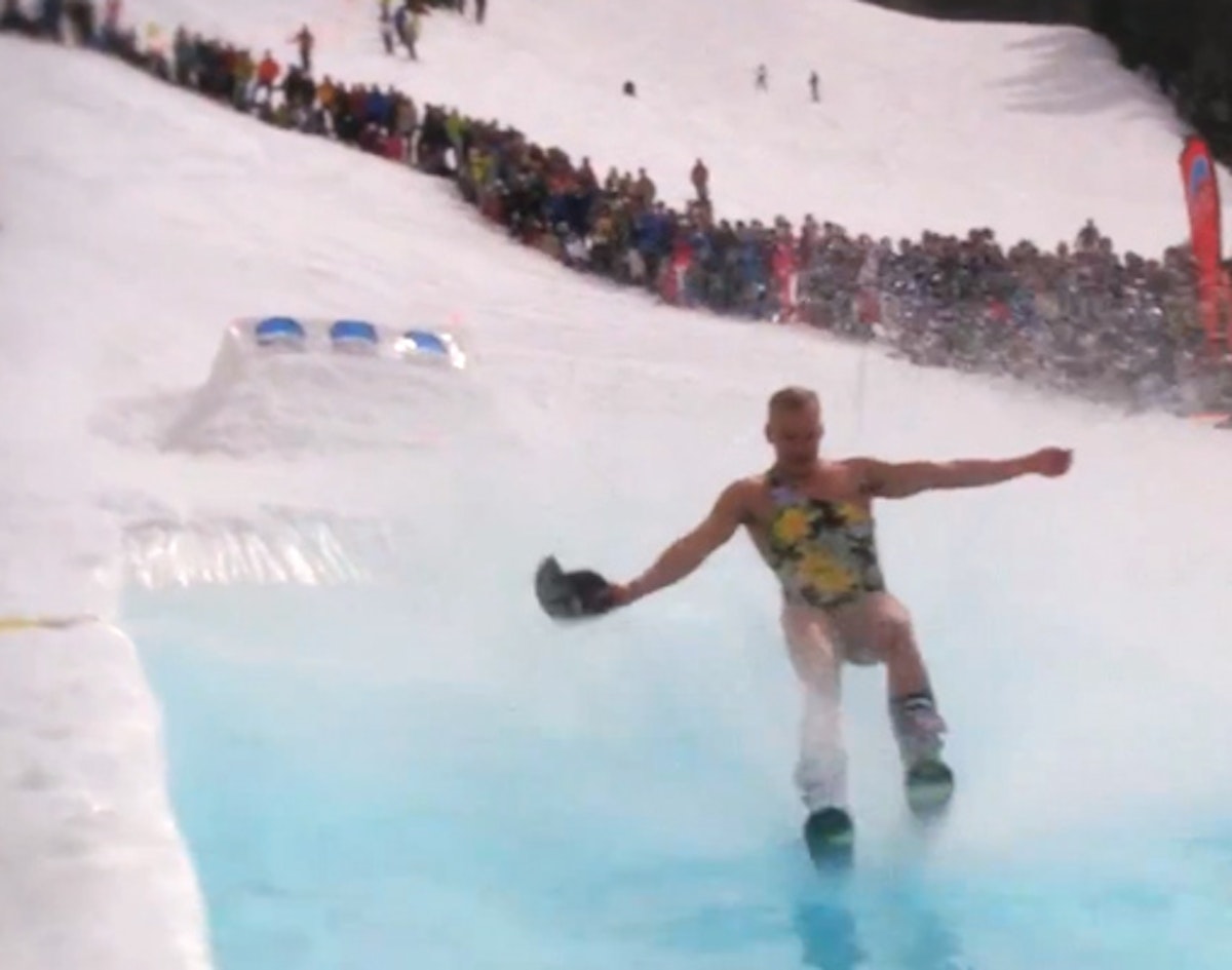 Guy stomps backflip-to-pond-skim at Big Sky while wearing one-piece bathing suit