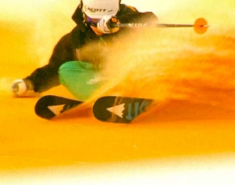 Skiing on colored snow in Les Marécottes, Switzerland
