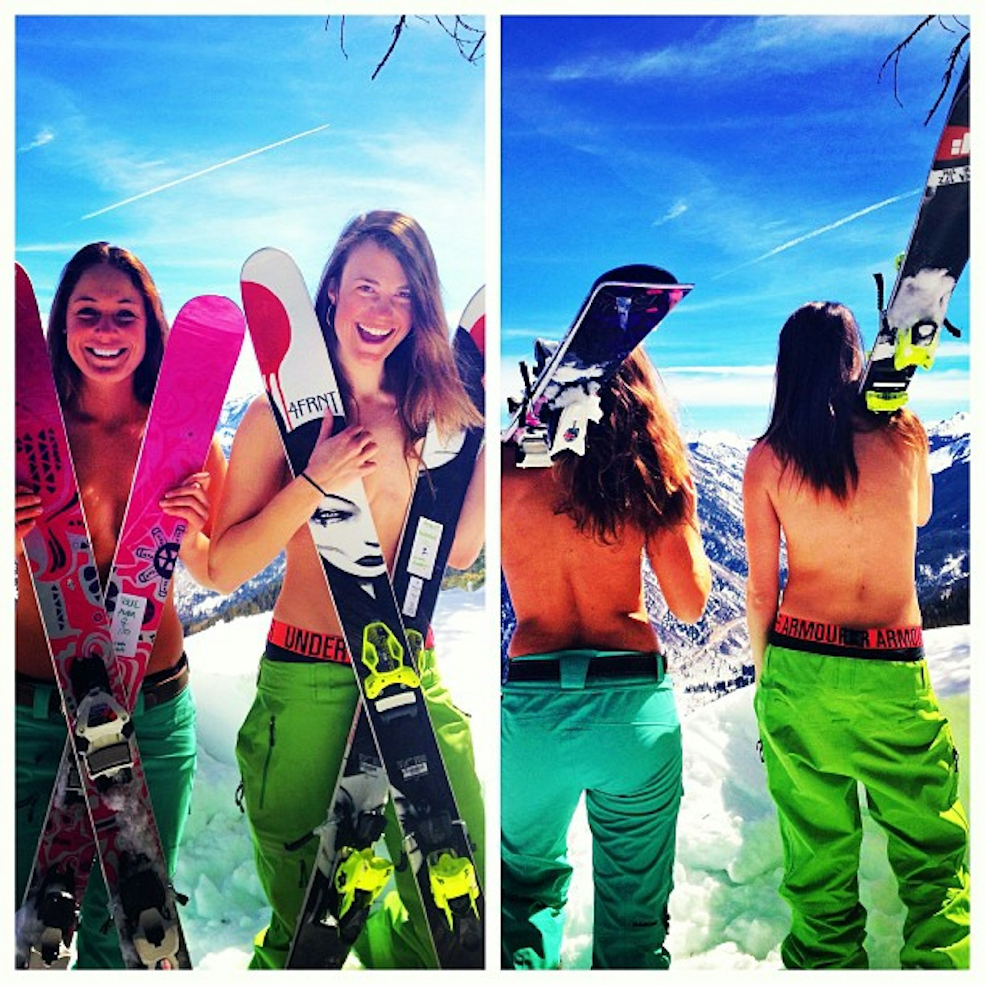 grantsavidge Where beautiful women instinctively flock like the salmon of Capistrano. The #freeskierfest testers say hello. #sorrymom #sunsoutboobsout #tipsup