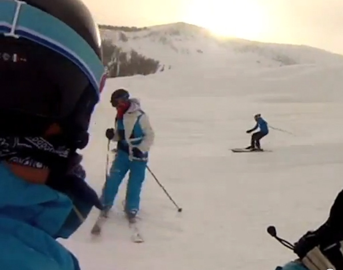 "Stop, dude!" Out of control skier airs off knoll, smashes on cat-track below