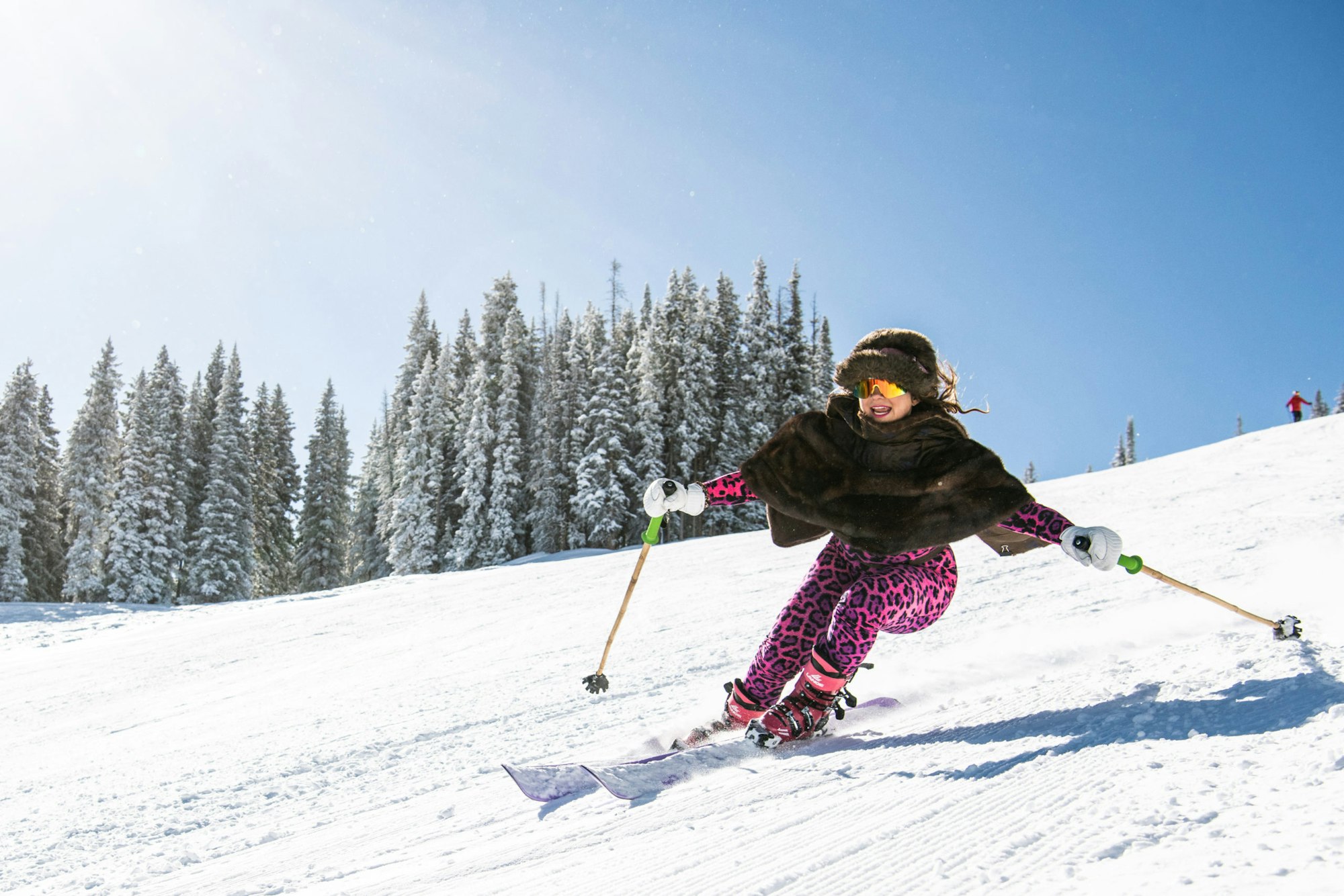 Skier in a onesie suit