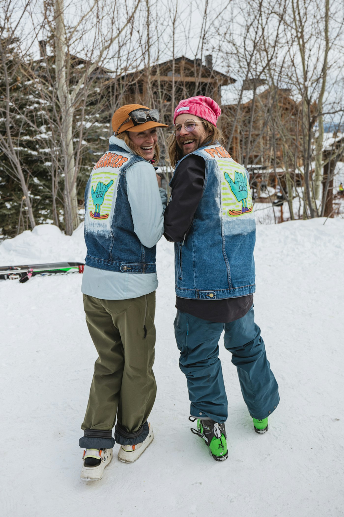 Skiers in Denim vests