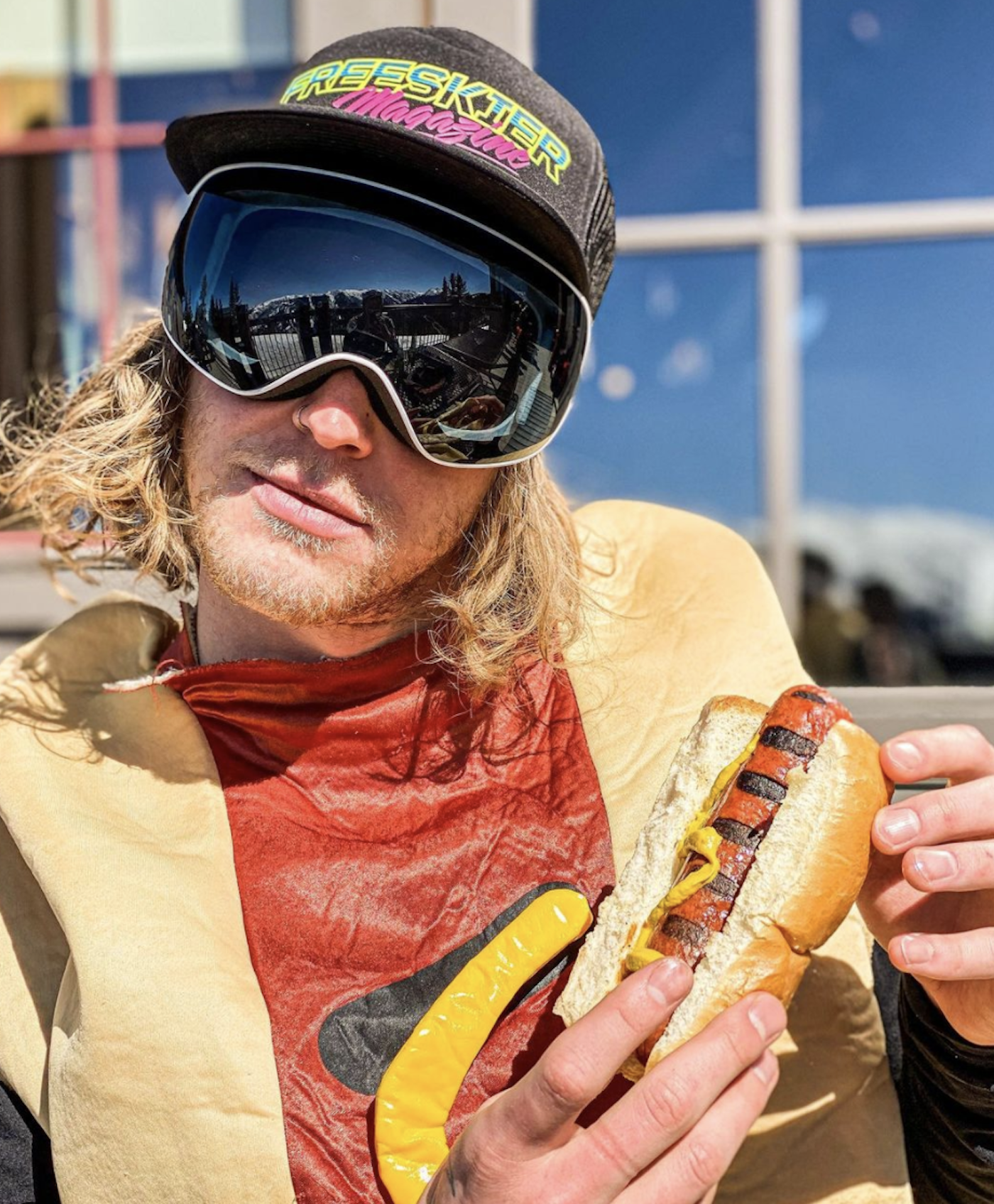Skier with hot dog