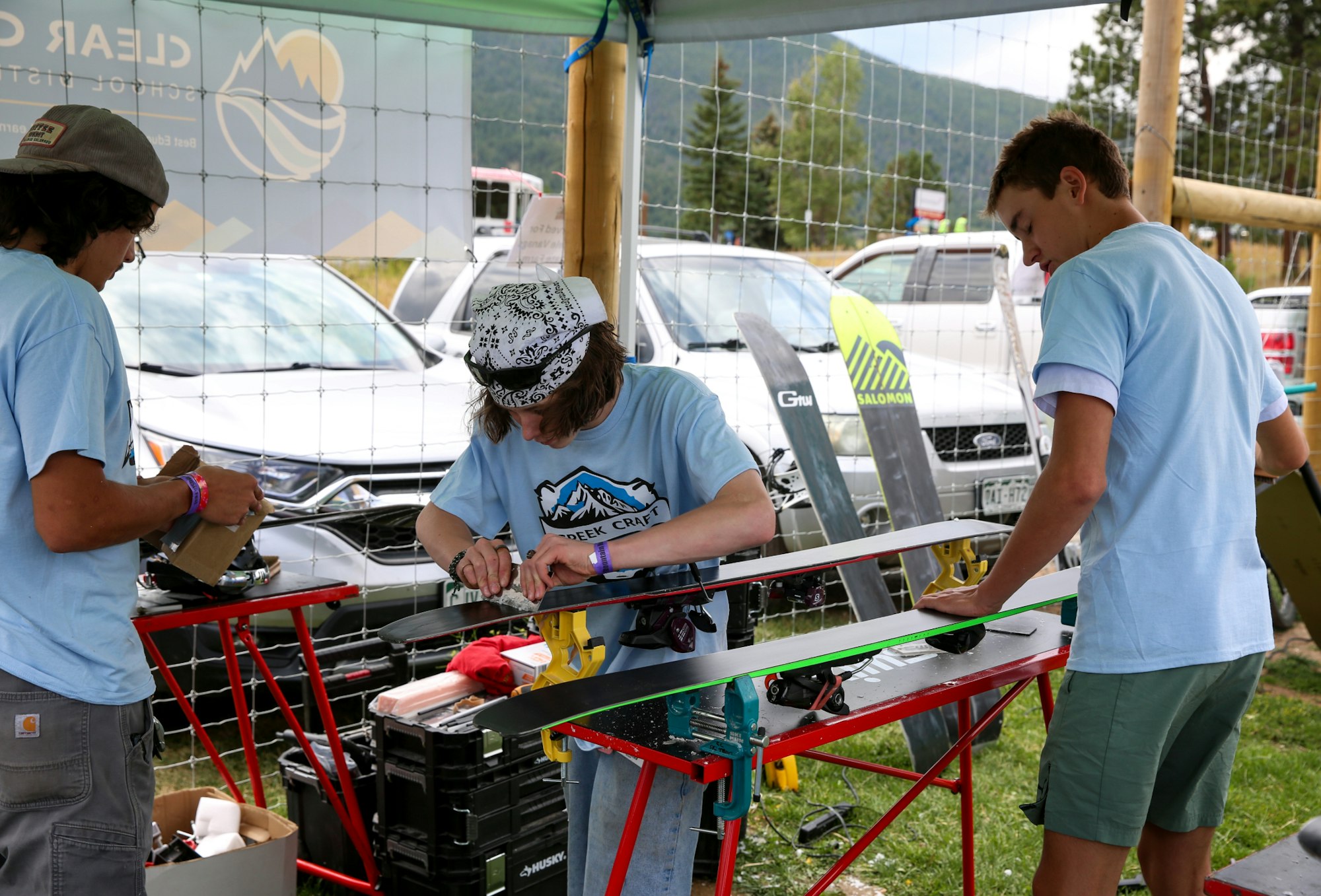 Students tuning skis at Mountain Music Fest