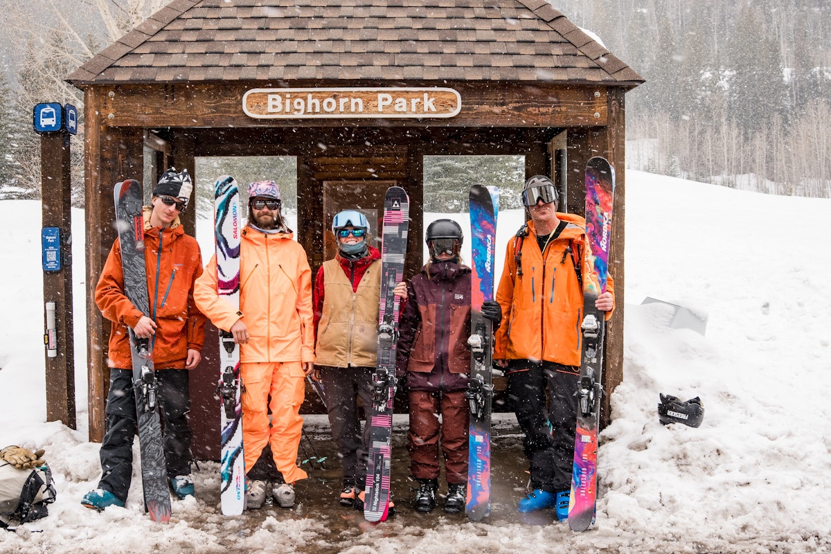Skiers waiting for the bus