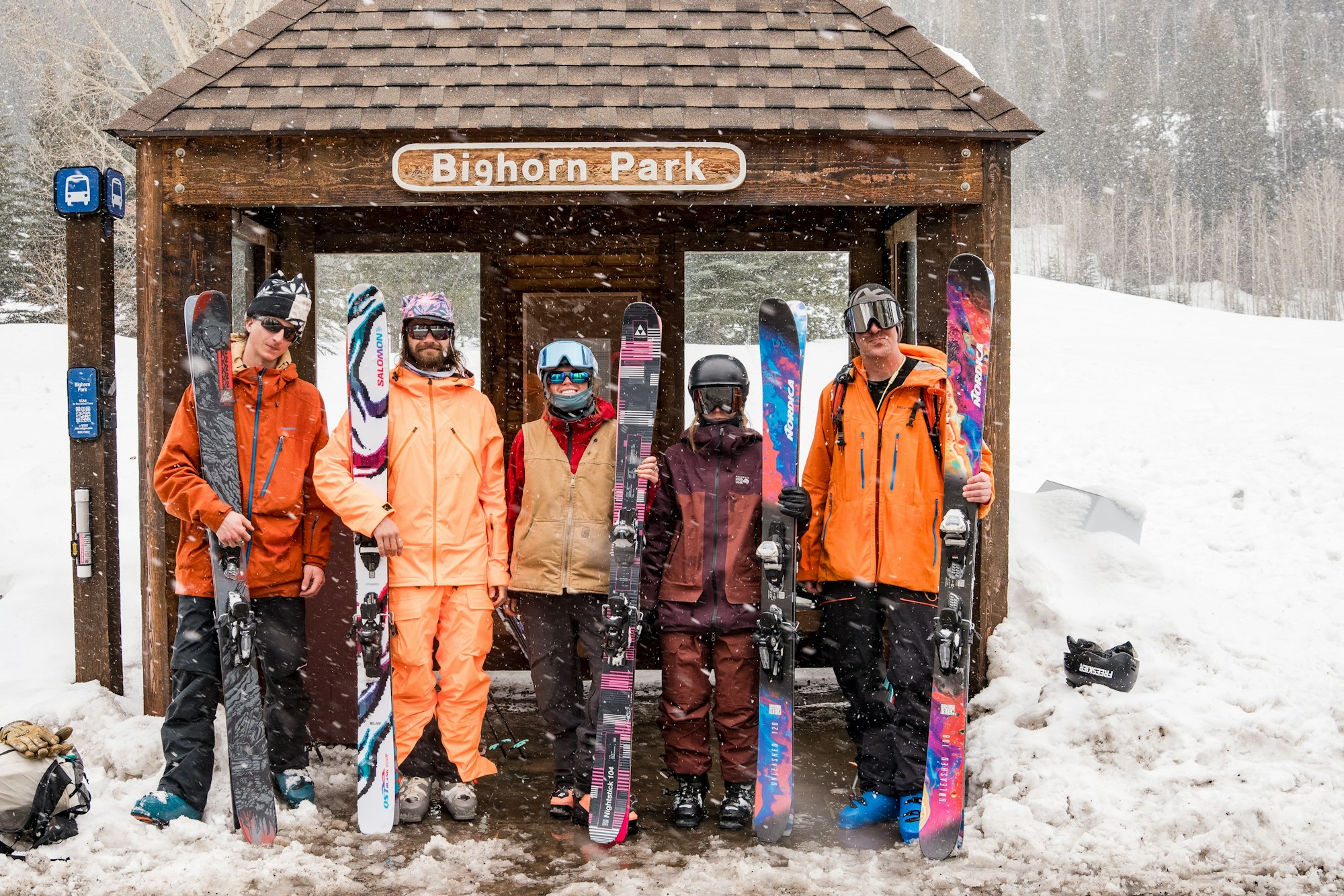 Skiers waiting for the bus