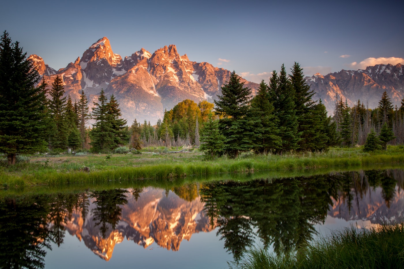 Grand Tetons at sunrise in Jackson, Wyoming.