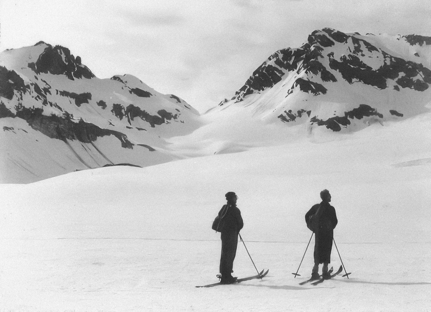 Two skiers on Lyman Glaciern in Washington.