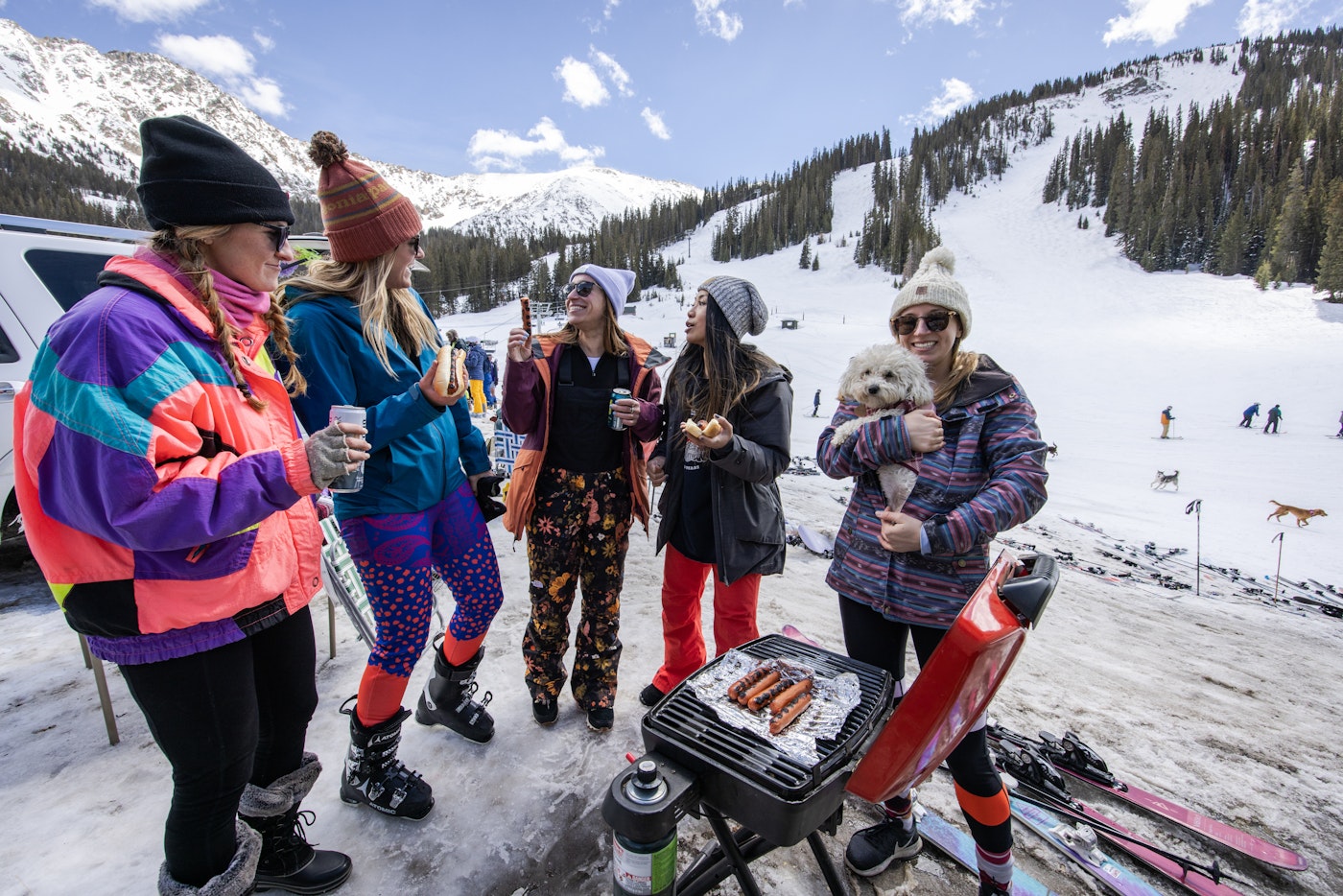 Grilling some dogs with a dog at Arapahoe Basin, Colorado.