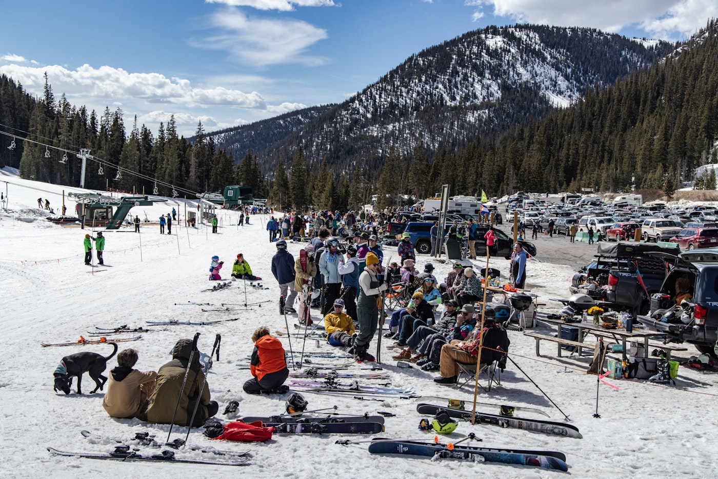 Large group of tailgaters at Arapahoe Basin, Colorado.