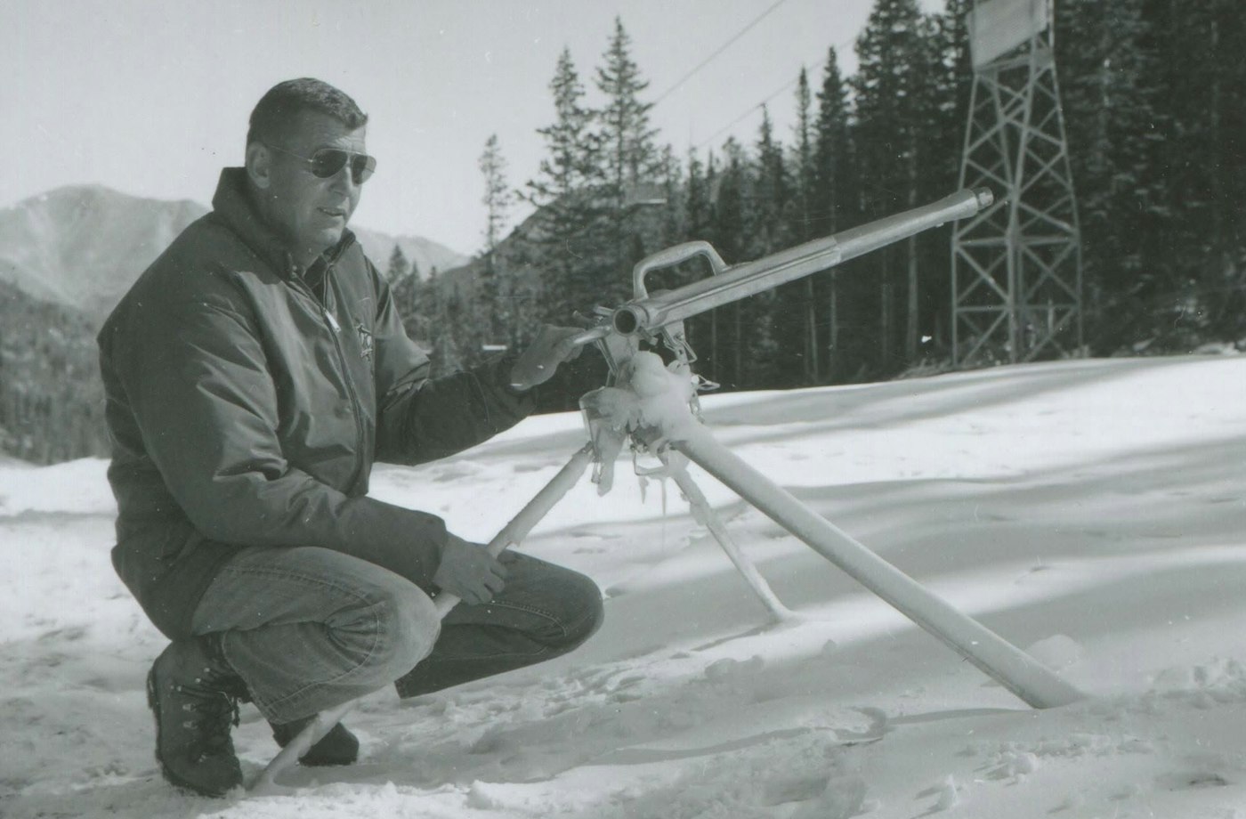 Otto Werlin, poses with snowgun at Loveland Ski Area in 1968.