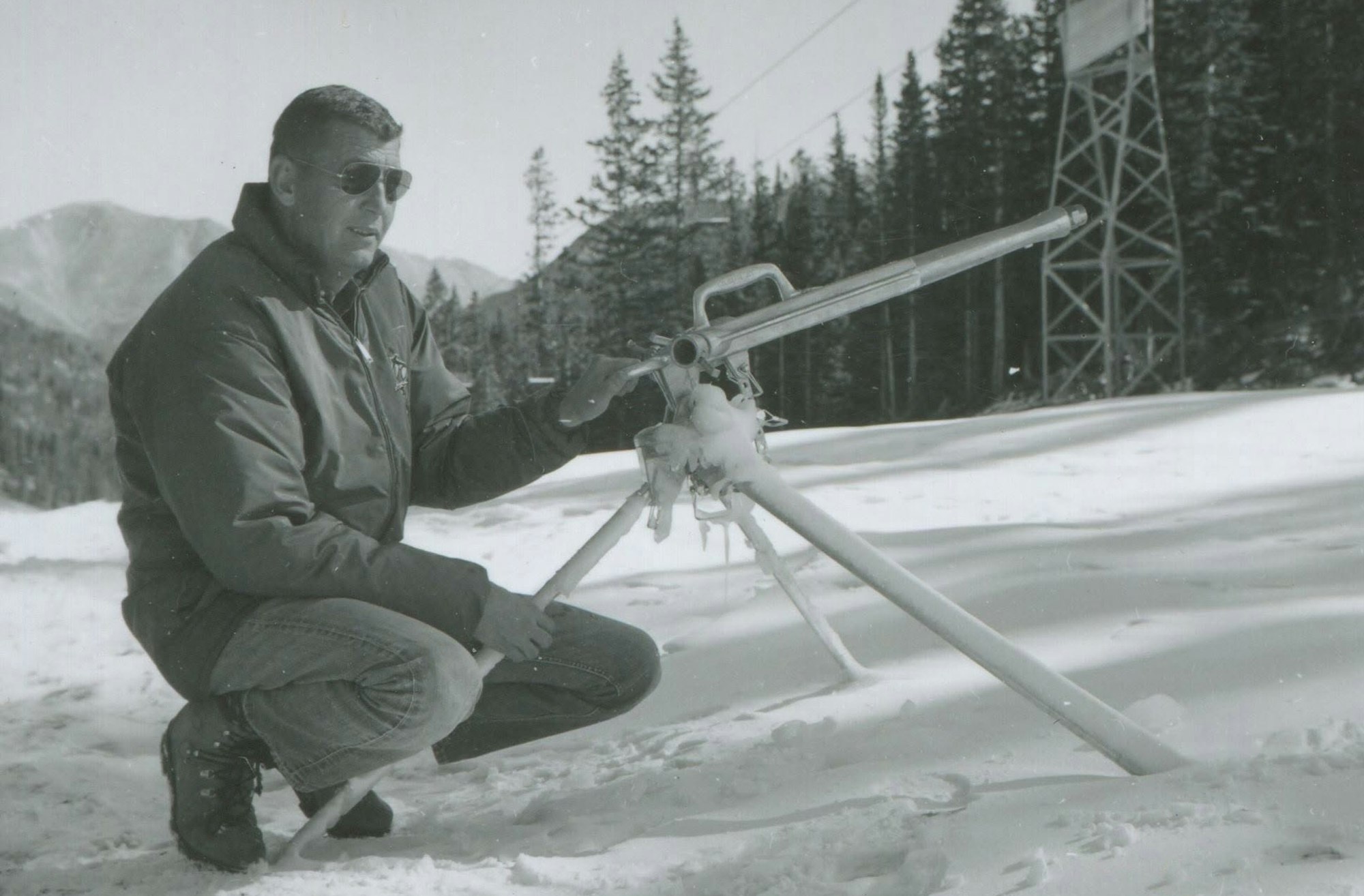 Otto Werlin, poses with snowgun at Loveland Ski Area in 1968.