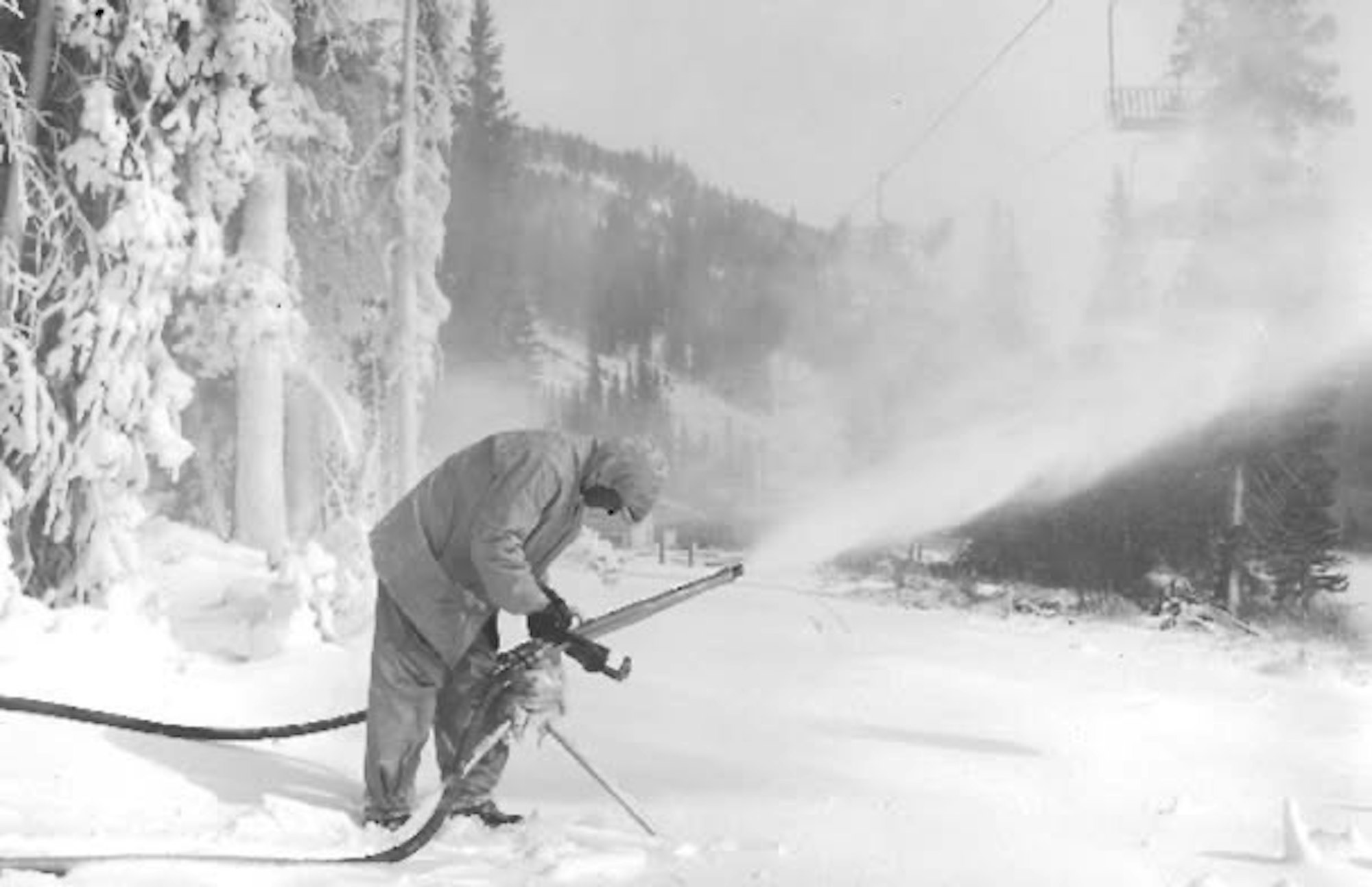 The early days of snowmaking at Loveland Ski Area, Colorado.