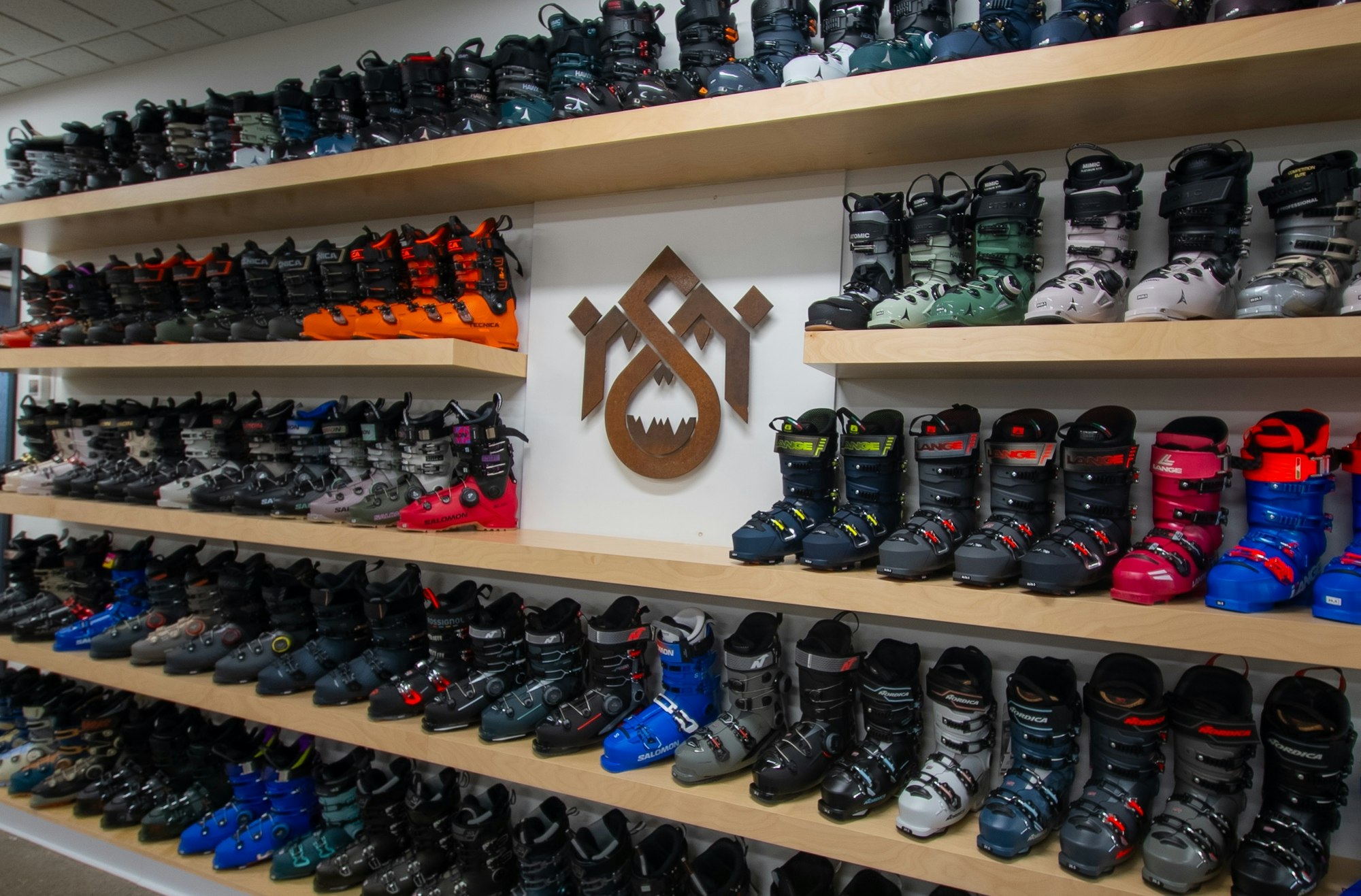 Ski boot shelf at The Ski Monster in Plymouth.