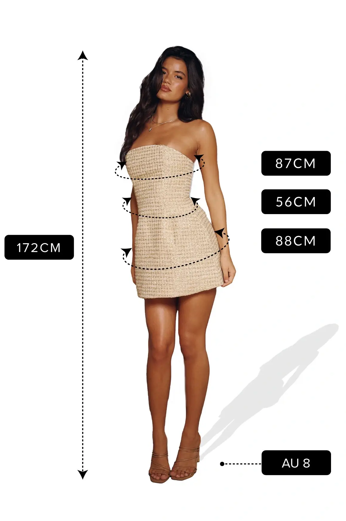 Model wearing a beige strapless mini dress with measurements shown: height 172 cm, bust 87 cm, waist 56 cm, hips 88 cm, size AU 8