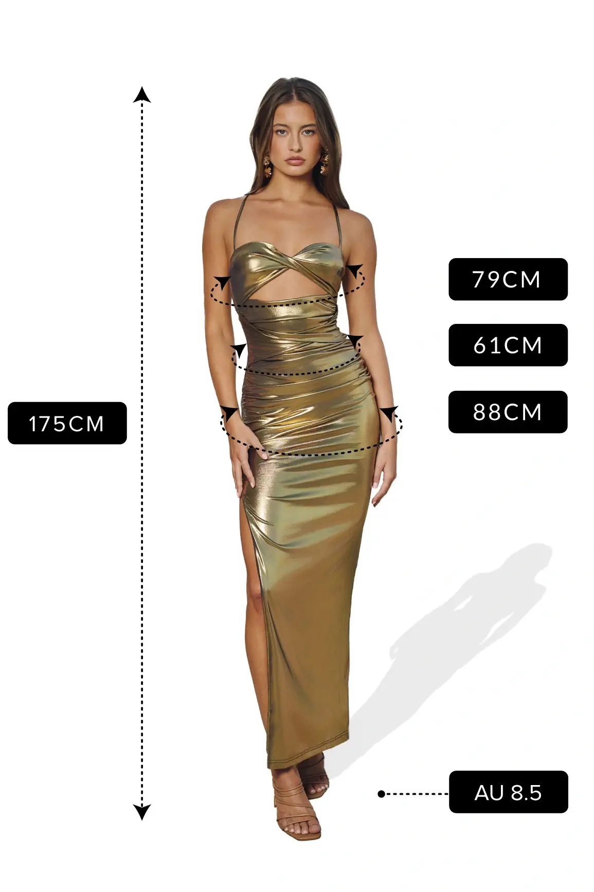 Model wearing a metallic gold cut-out maxi dress with thin straps, standing against a white background. Text overlays indicate measurements: height 175 cm, bust 79 cm, waist 61 cm, hips 88 cm, and shoe size AU 8.5.