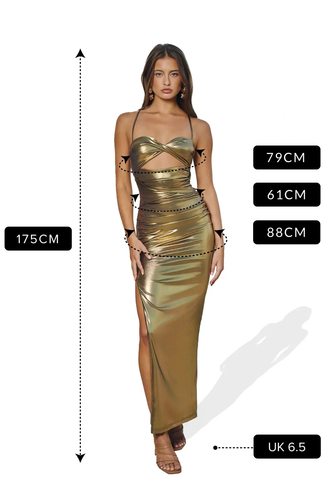 Model wearing a metallic gold cut-out maxi dress with thin straps, standing against a white background. Text overlays indicate measurements: height 175 cm, bust 79 cm, waist 61 cm, hips 88 cm, and shoe size UK 6.5