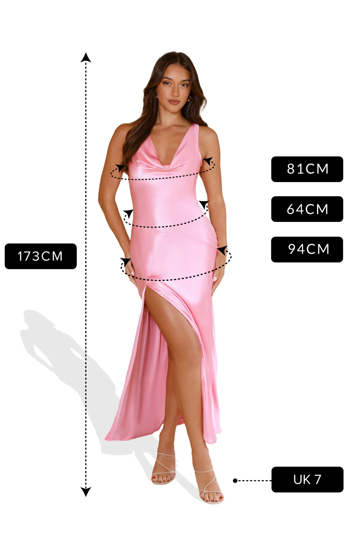 Model in a pink satin gown with measurements shown: height 173 cm, bust 81 cm, waist 64 cm, hips 94 cm, shoe size UK 7