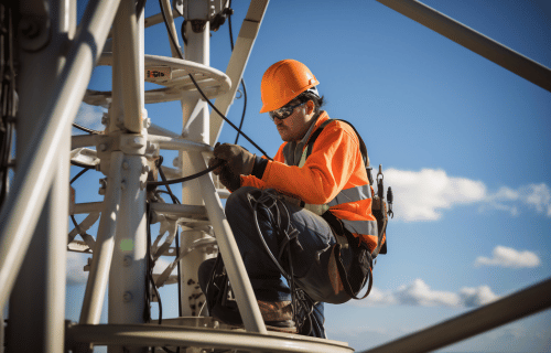 telecommunications technician on telephone pole