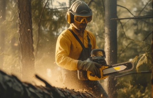 Man cutting tree with electric saw