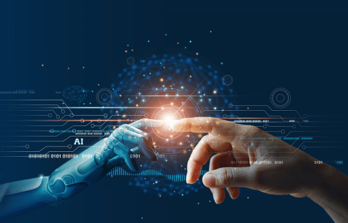 Ai robot finger touching human finger