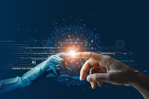 Ai robot finger touching human finger