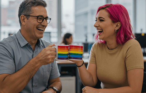 Two co-workers clinking pride-flag coffee mugs and laughing