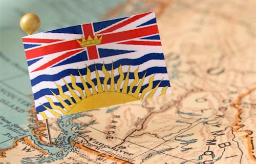 A tiny flag of British Columbia pinned on a map of the province.
