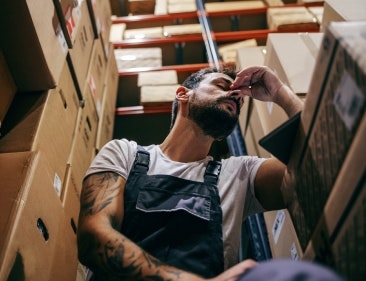 A stressed worker sitting with eyes closed.