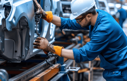 Auto worker assembling car parts