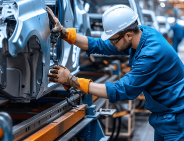 Auto worker assembling car parts