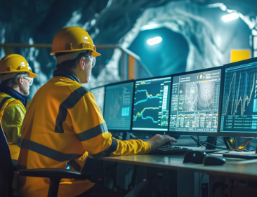 Engineers in hard hats and reflective jackets use multiple screens to monitor data inside an underground mine control centre