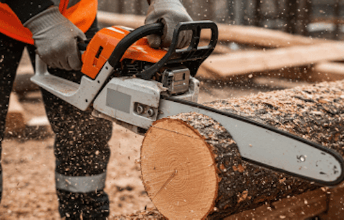Carpenter using chainsaw to cut tree trunk