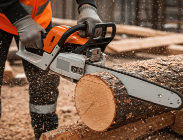 Carpenter using chainsaw to cut tree trunk