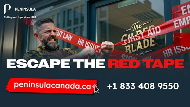 Escape the red tape: business owner tearing through red tape labelled HR issues and employment law, peninsulacanada.ca