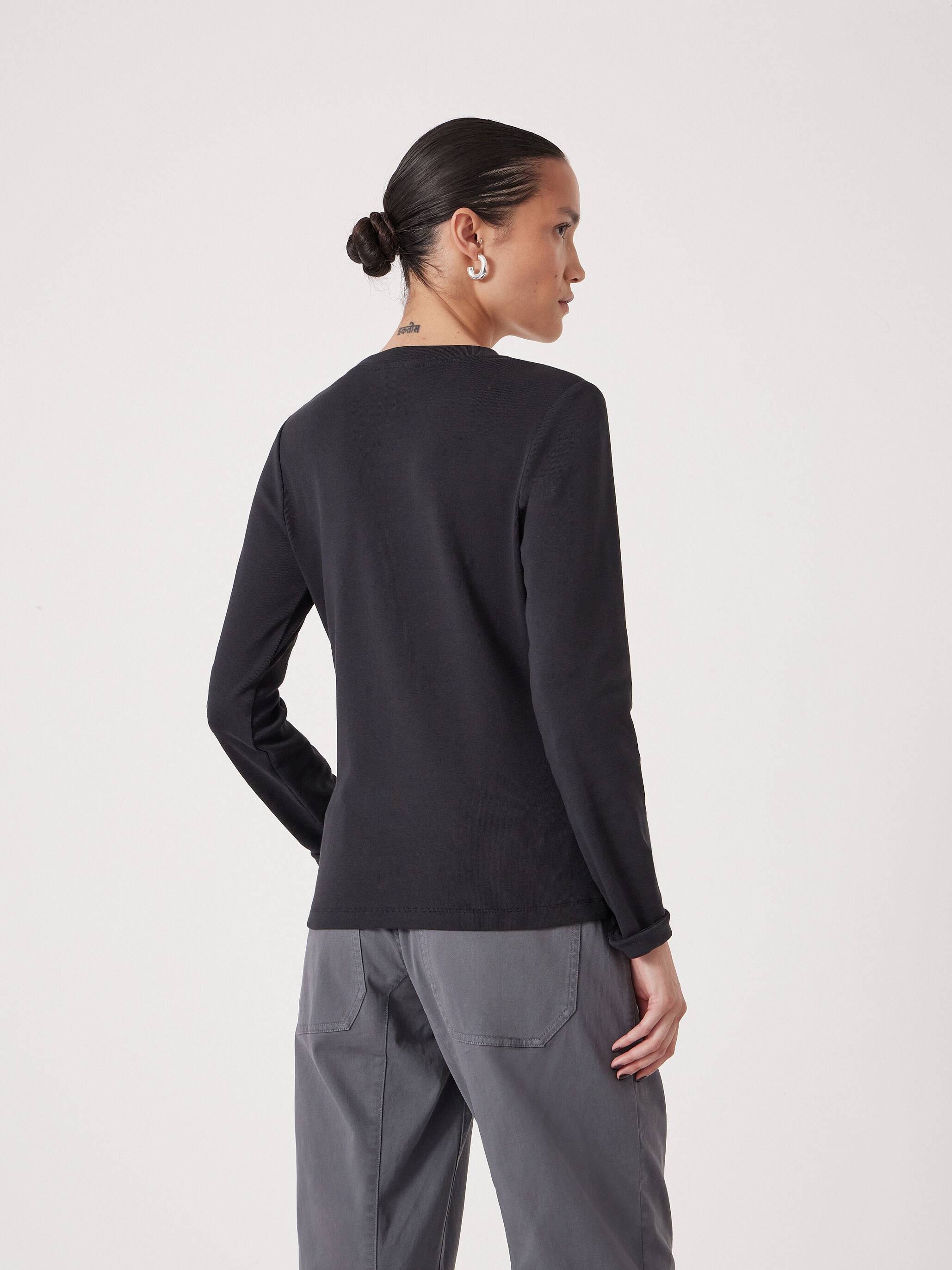 Button Ribbed Long Sleeve Top (Black)
