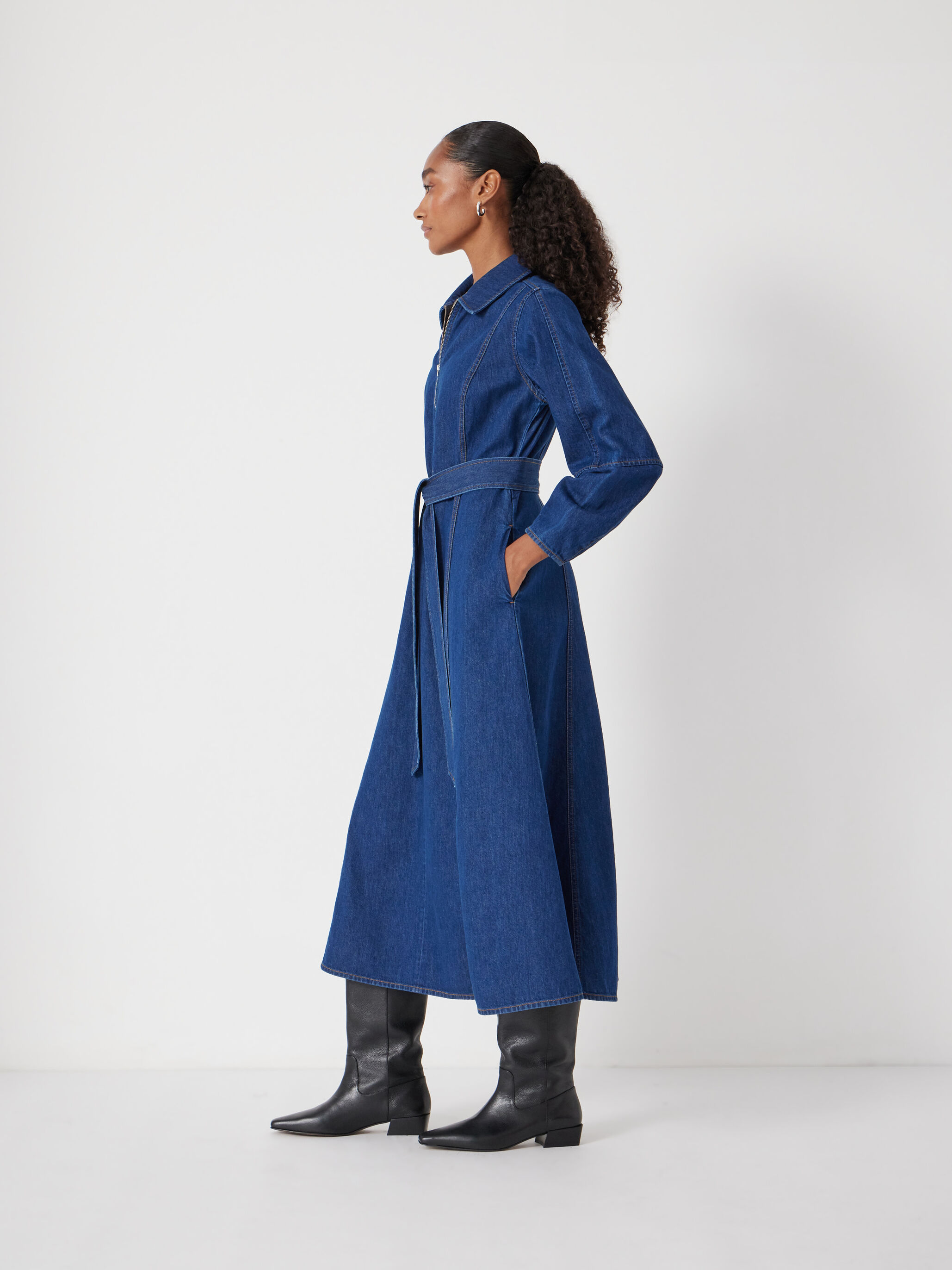 Long Sleeve Denim Tie Waist Dress