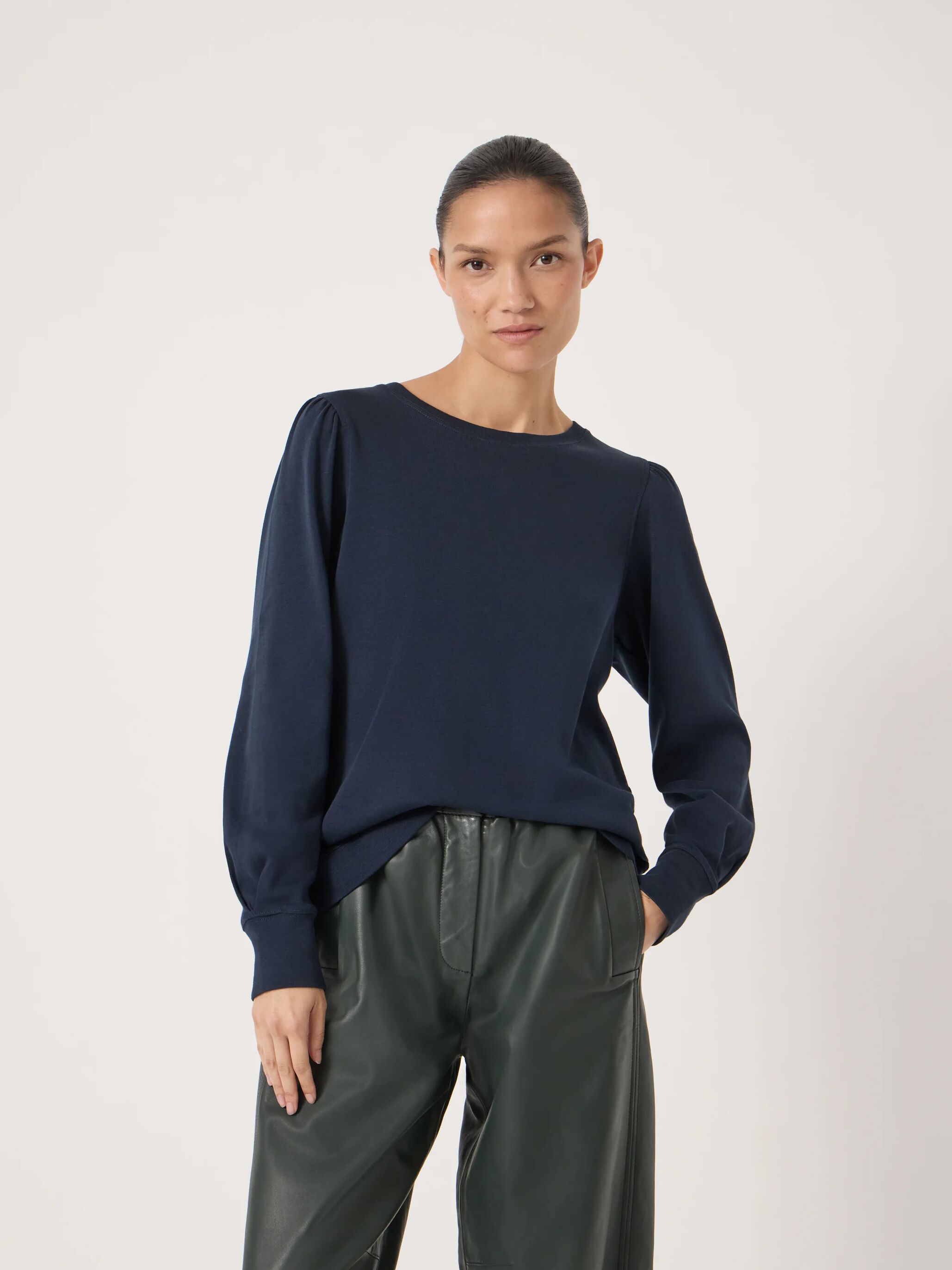 Emily Puff Sleeve Jersey Top - Washed Navy | Hush