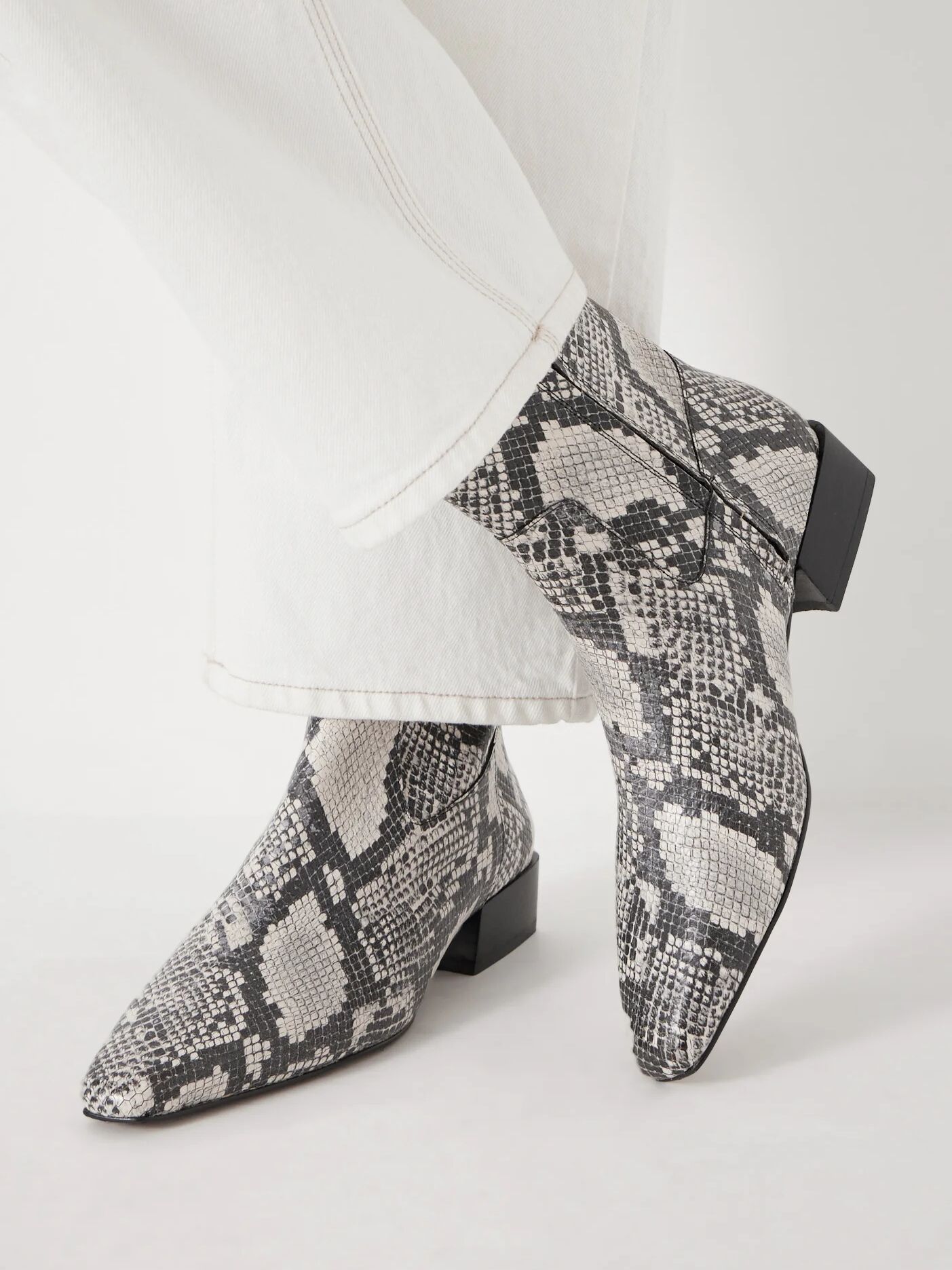 Leather Snake Print Square Toe Boots