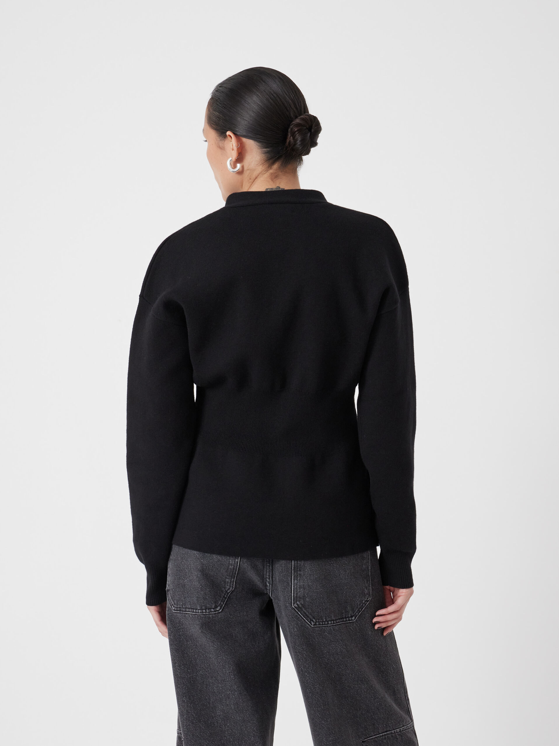 V Neck Ribbed Detail Cardigan with Wool