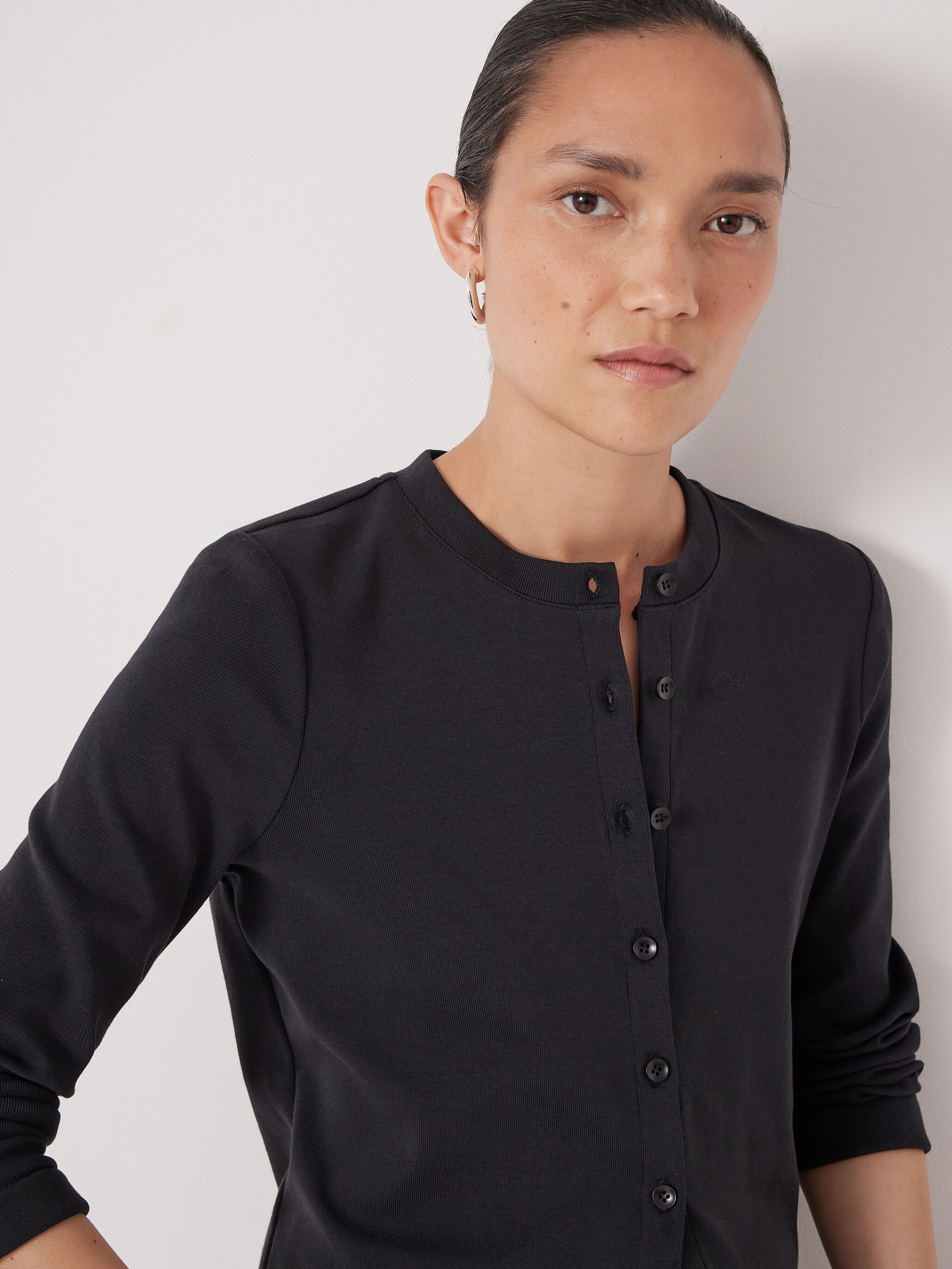 Button Ribbed Long Sleeve Top (Black)