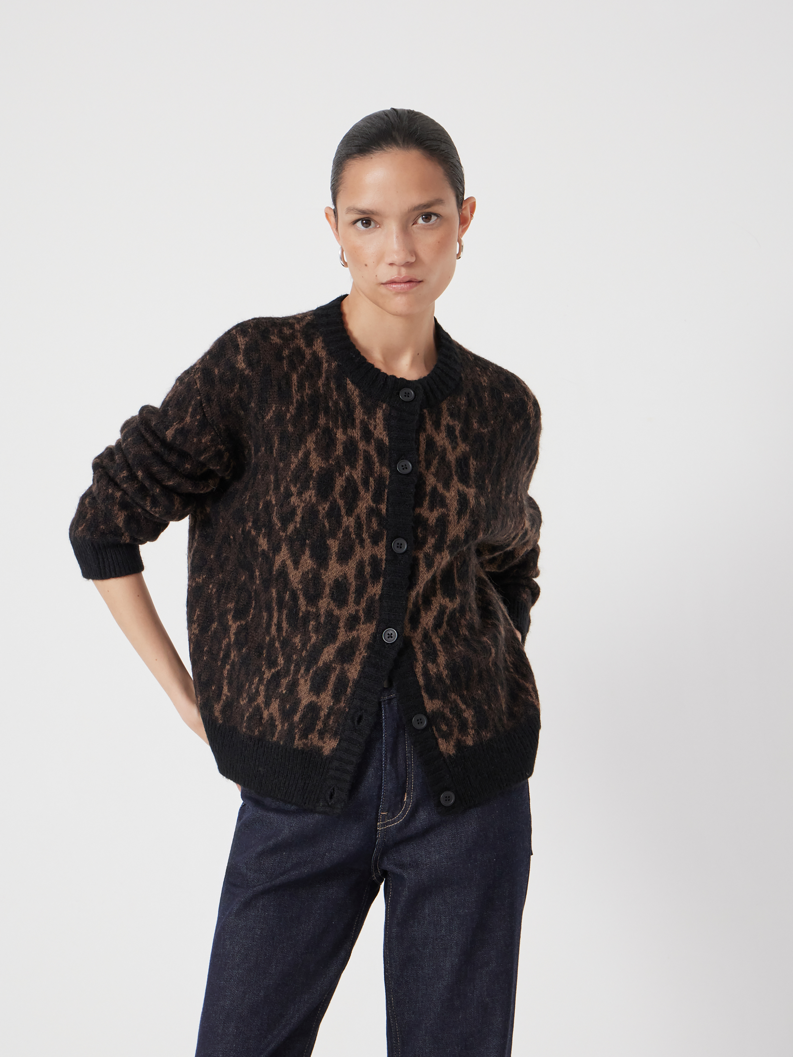 Crew Neck Animal Jacquard Cardigan with Mohair