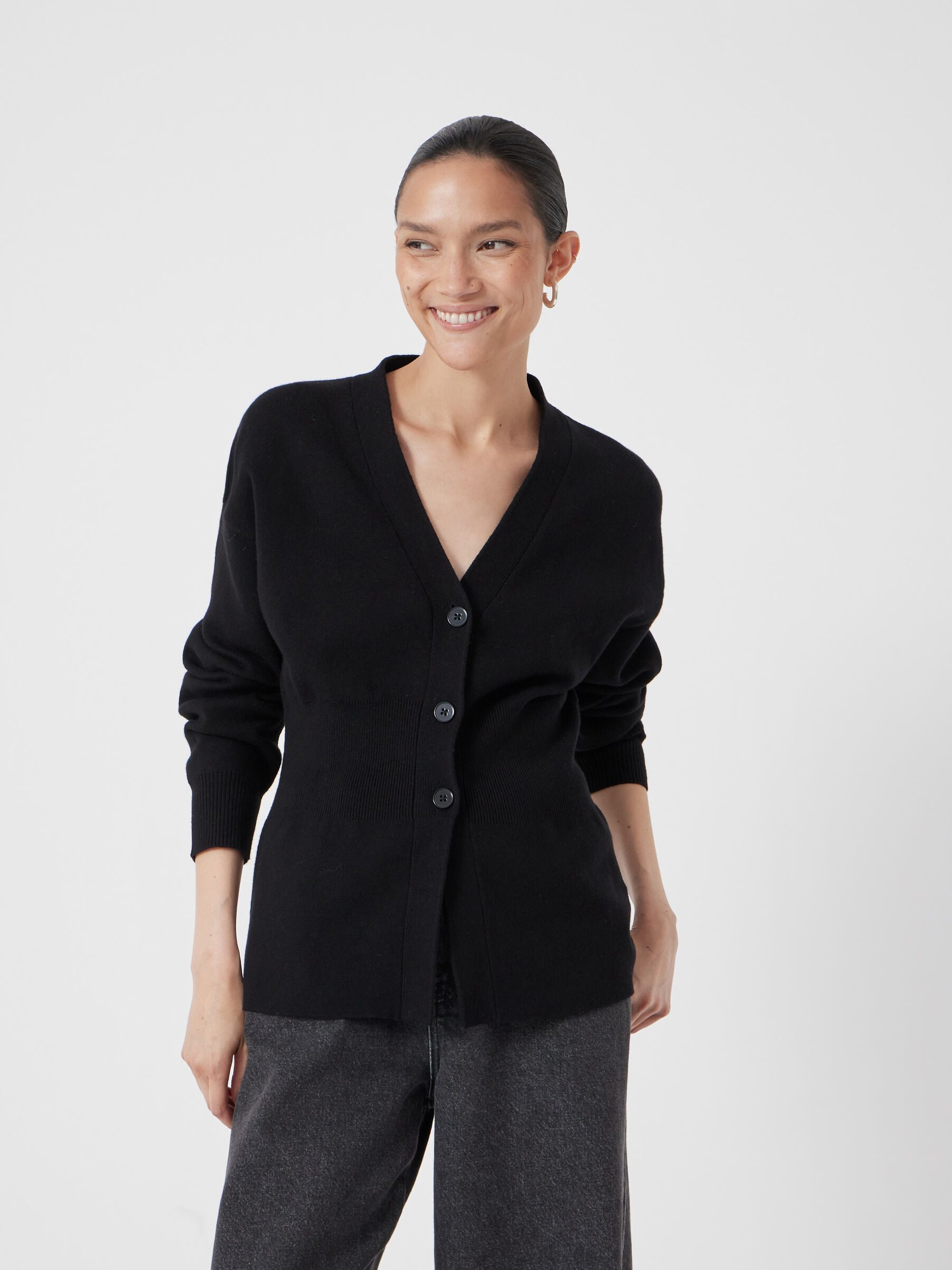 V Neck Ribbed Detail Cardigan with Wool