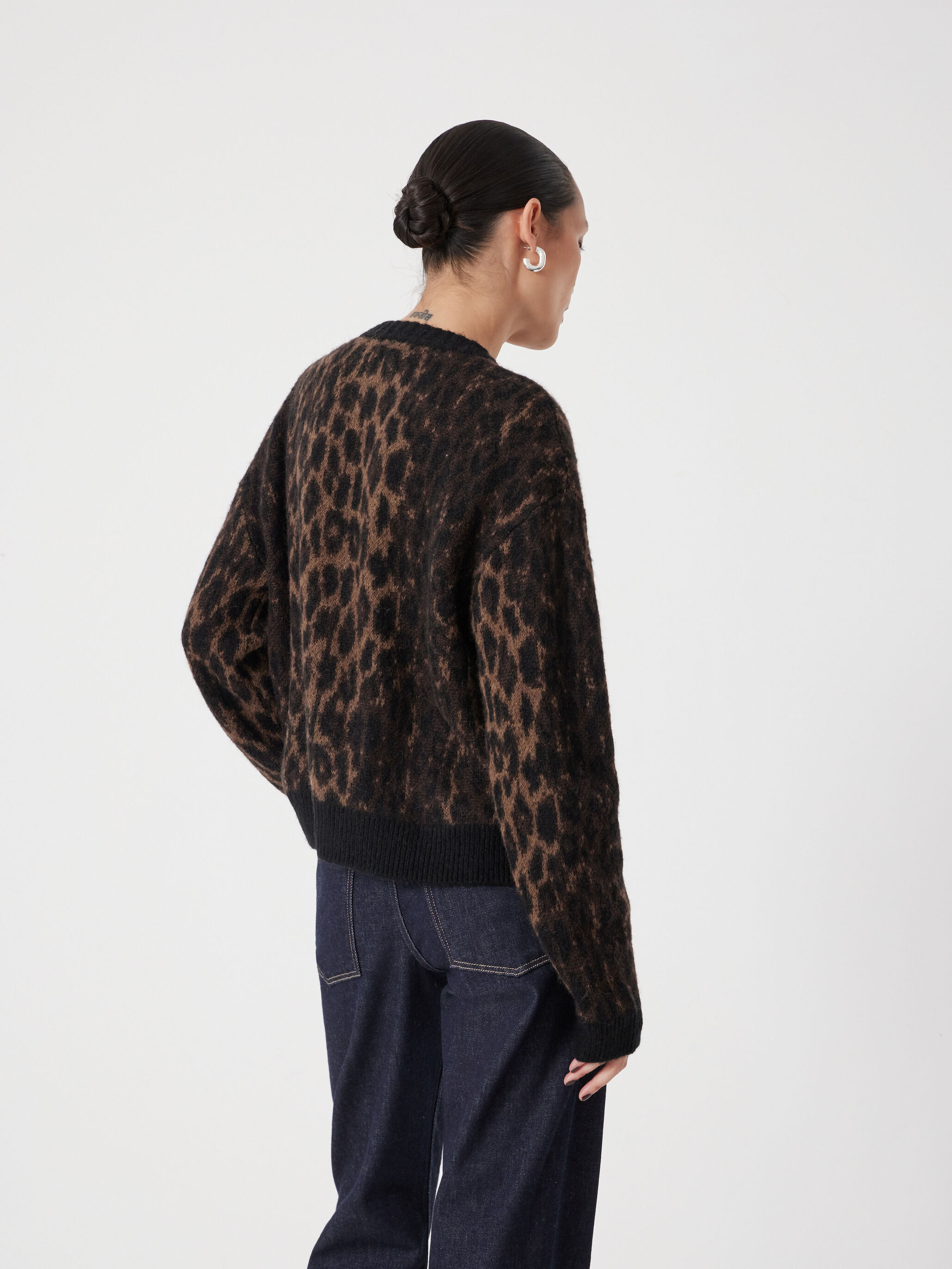 Crew Neck Animal Jacquard Cardigan with Mohair