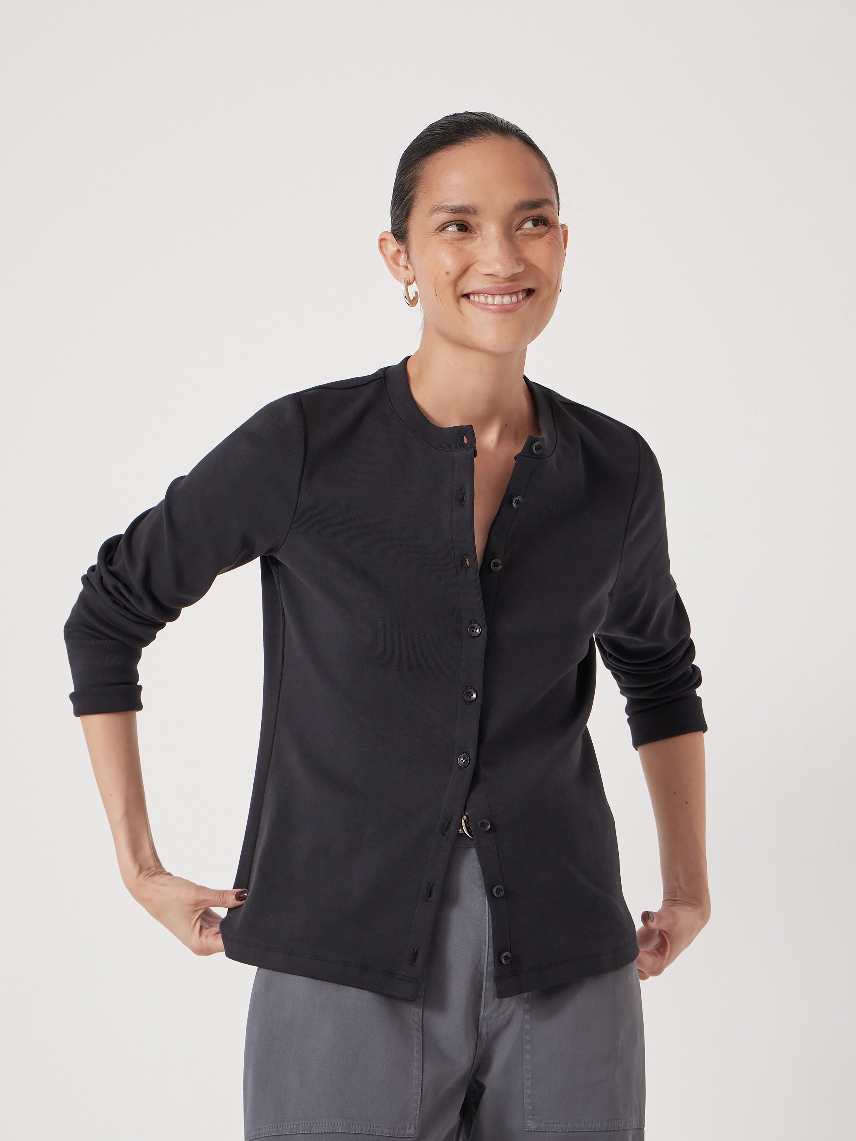 Button Ribbed Long Sleeve Top (Black)