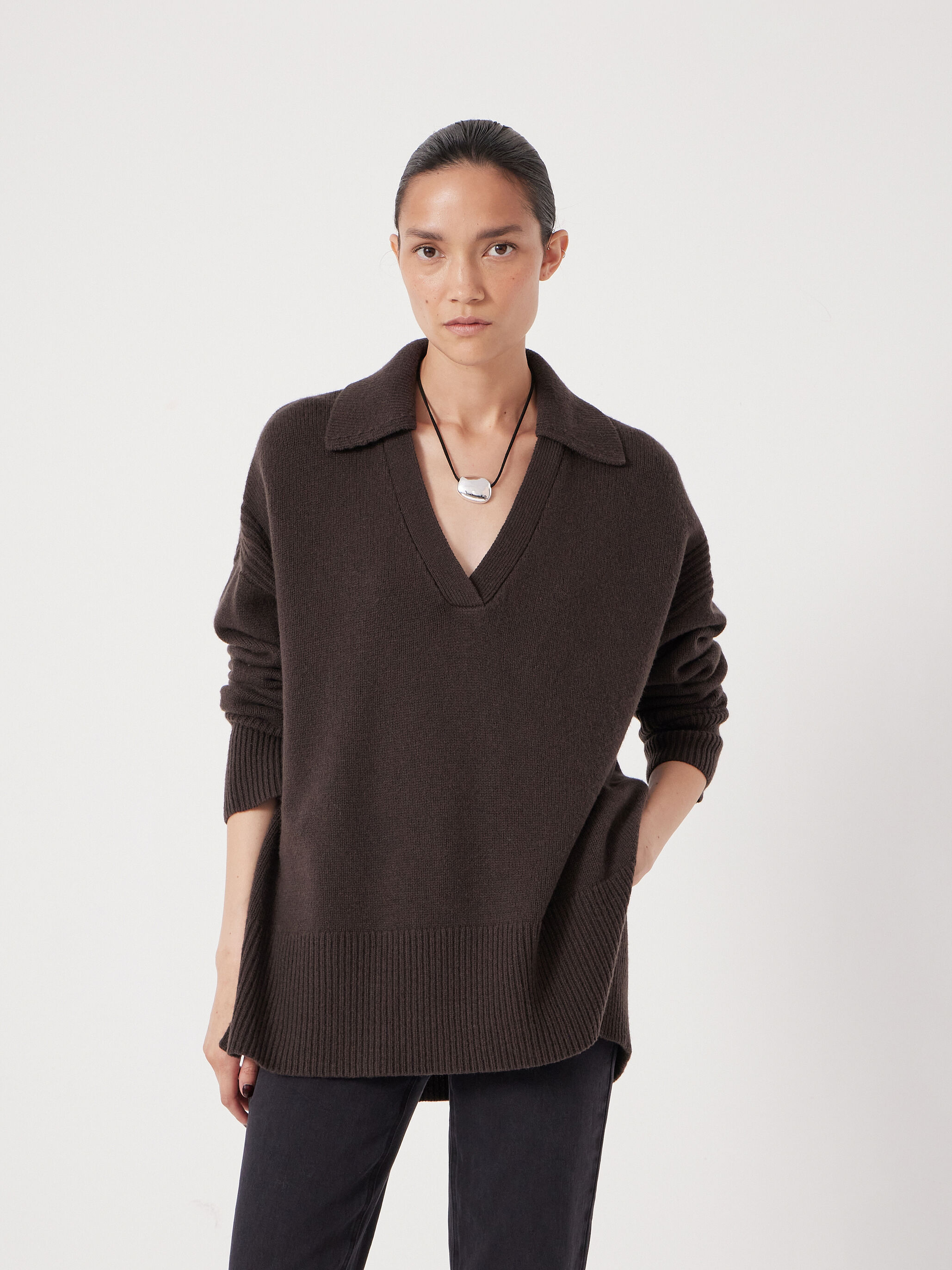 Carys Merino Collared Relaxed Jumper | Dark Brown | hush
